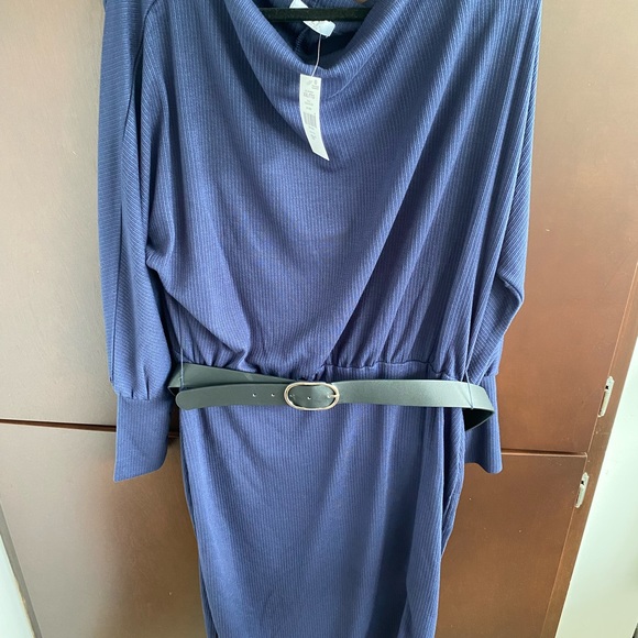Suzy Shier NWT women’s blue boat neck dolman sleeve midi dress w belt size XXL - Picture 7 of 8